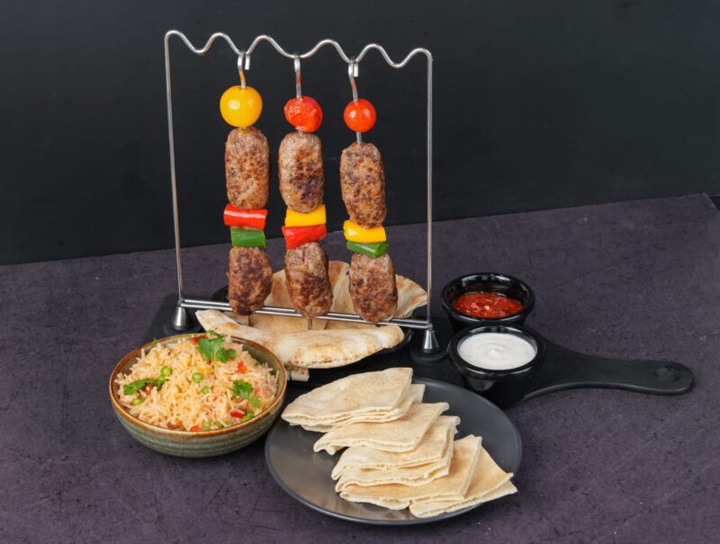 Lamb Skewer with spicy homemade chutney serve rice and bread